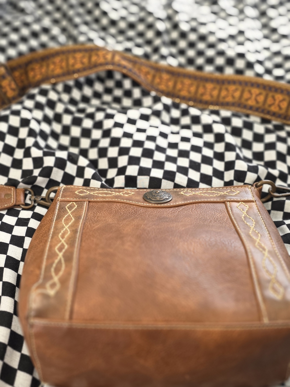 Leather Crossbody Bag in Tan with Decorative Strap